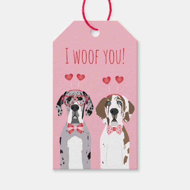 Jag Woof You Great dane Hundar Rosa Red Presentetikett (Framsidan)