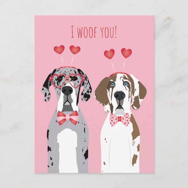 Jag Woof You Great dane Hundar Rosa Red Vykort (Framsida)