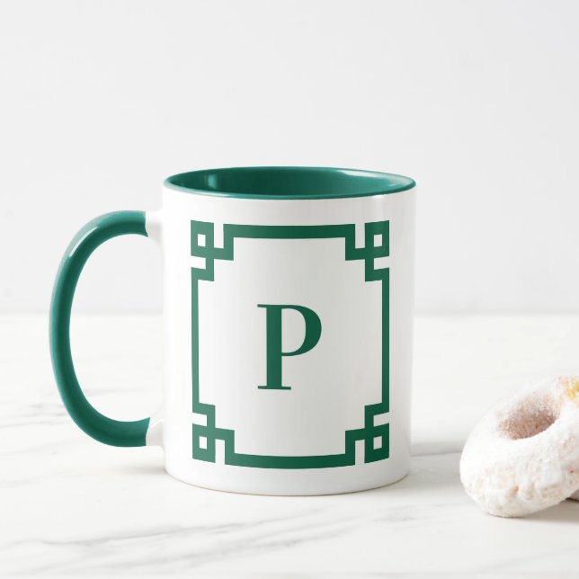 Jägare Grön Grekisk Nyckel Kant Monogram Mugg (Med munk)