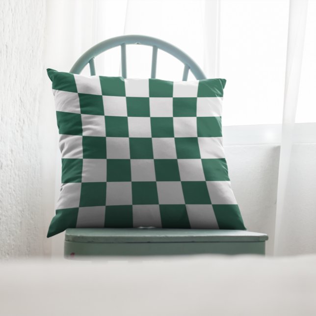 Jägare Grön och Vit Rutig Kudde (Hunter Green and White Checkered Throw Pillow)