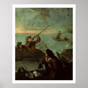 Jägare som skjuter på ankor (olja på kanfas) poster