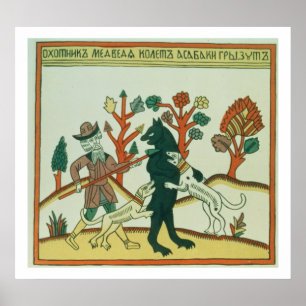Jägaren och galten, ryss, sent 18th centur poster