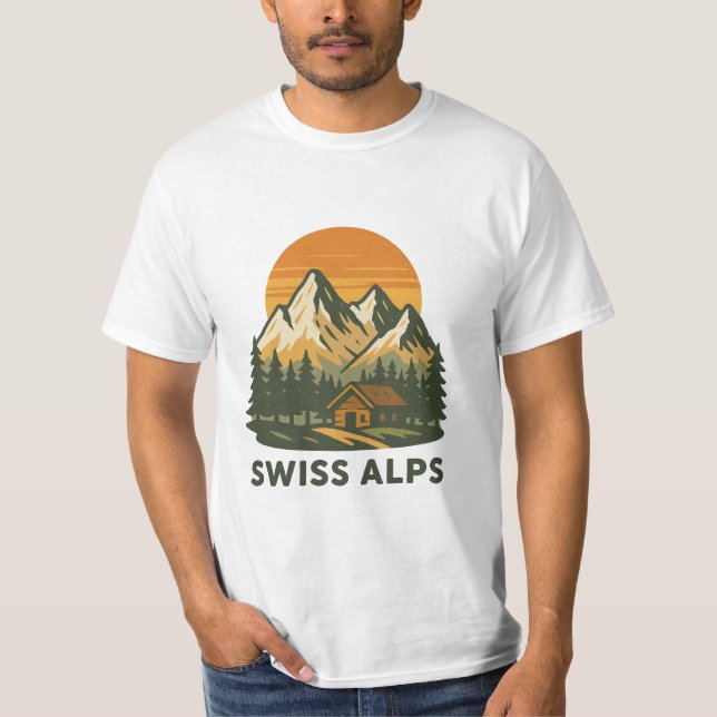 Jagged White Retro Vector Swiss Alpernas Sunset T Shirt (Framsida)