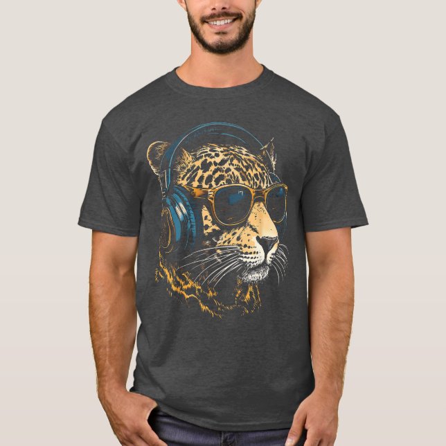 Jaguar Animal Motif Music Headphone Illustration J T Shirt (Framsida)