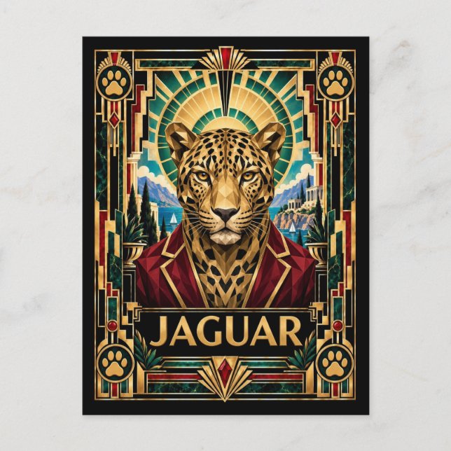 Jaguar, Art Deco Wildlife Vykort (Framsida)