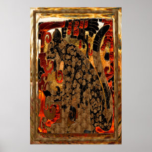Jaguar AZTEC Guld & Red Foil Folk Art Poster