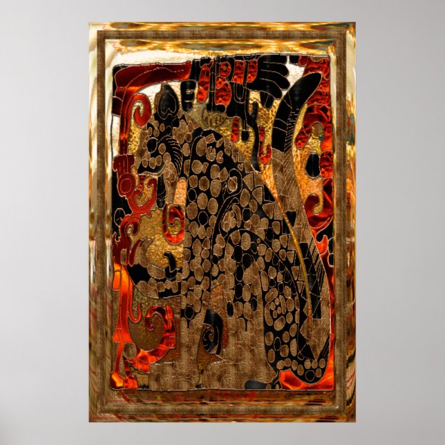 Jaguar AZTEC Guld & Red Foil Folk Art Poster (Framsidan)