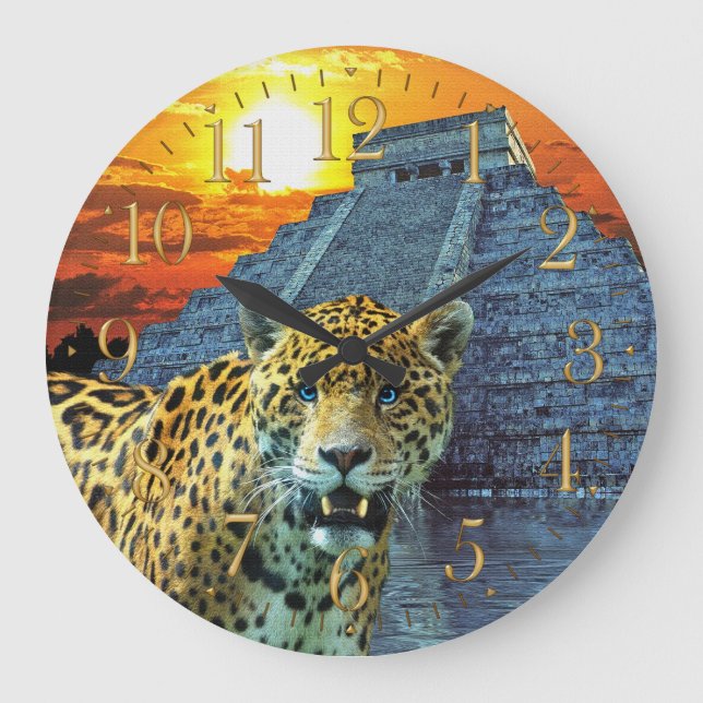 Jaguar & Chichen Itza Temple Wildlife Wall Clock Stor Klocka (Framsida)