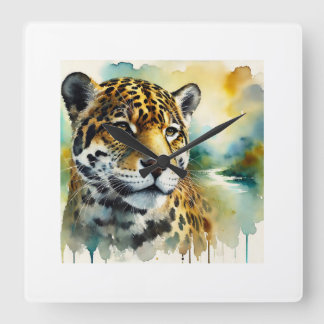 Jaguar in Harmony 010924AREF104 - Watercolor Fyrkantig Klocka