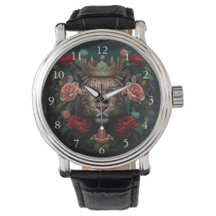 Jaguar med krona i blommor målning armbandsur