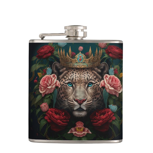Jaguar med krona i blommor målning              fickplunta (Framsidan)