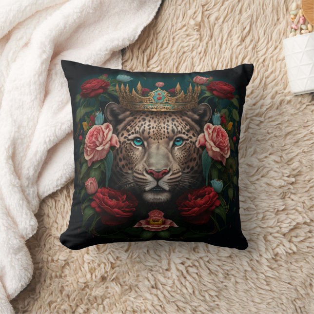 Jaguar med krona i blommor målning kudde (Filt)