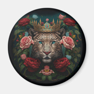 Jaguar med krona i blommor målning magnet