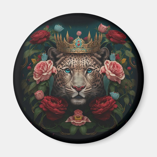 Jaguar med krona i blommor målning magnet (Framsidan)