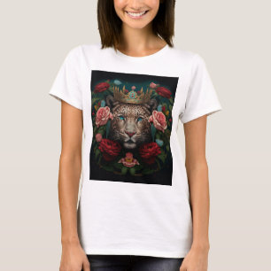 Jaguar med krona i blommor målning t shirt