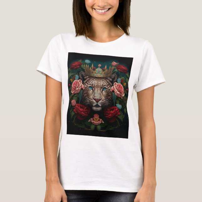Jaguar med krona i blommor målning t shirt (Framsida)