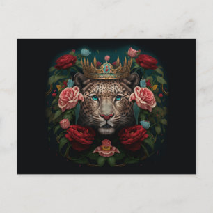 Jaguar med Krona i Flowers Painting Vykort