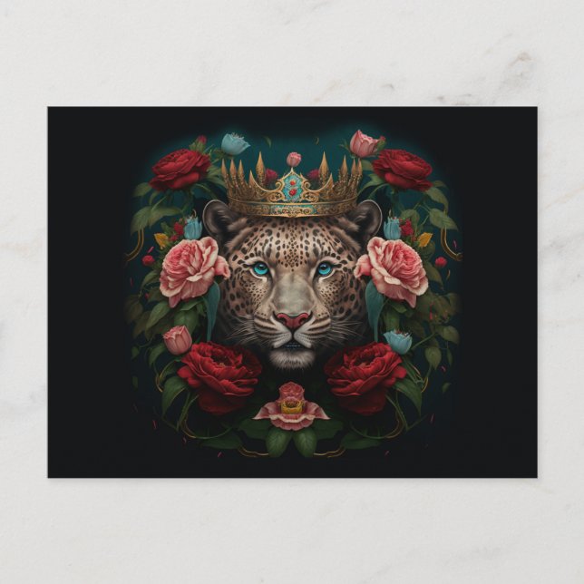 Jaguar med Krona i Flowers Painting Vykort (Framsida)