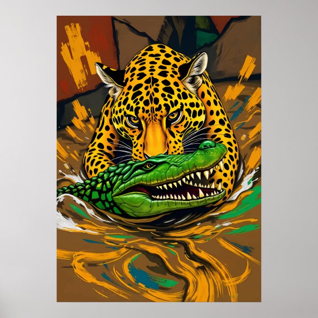 Jaguar och Alligator Battle Art Poster (Framsidan)