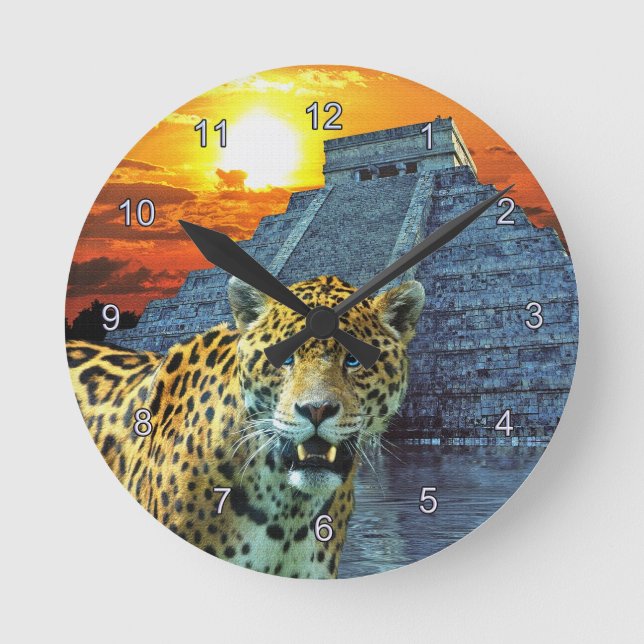 Jaguar och Chichen Itza Temple Wildlife Wall Clock Rund Klocka (Framsida)