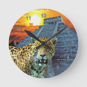 Jaguar och Chichen Itza Temple Wildlife Wall Clock Rund Klocka