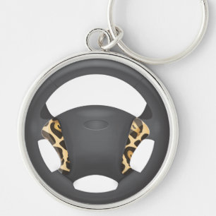 Jaguar Print Steering Wheel Rund Silverfärgad Nyckelring