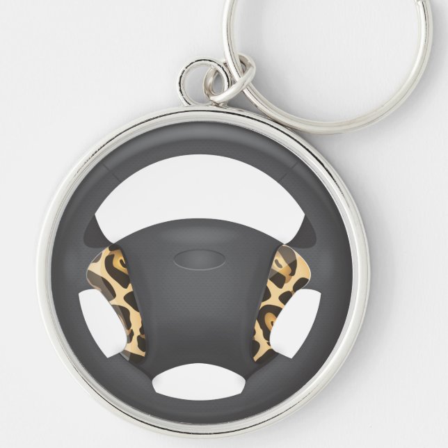 Jaguar Print Steering Wheel Rund Silverfärgad Nyckelring (Framsidan)