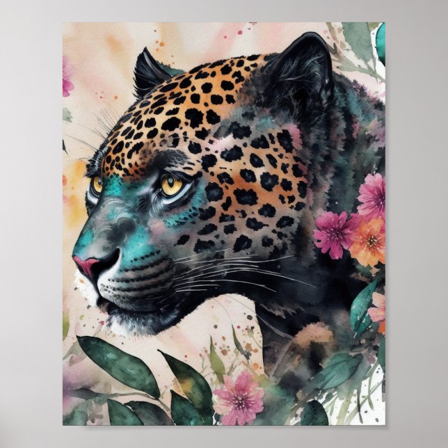 Jaguar Vattenfärg Blommig Konst Poster (Framsidan)