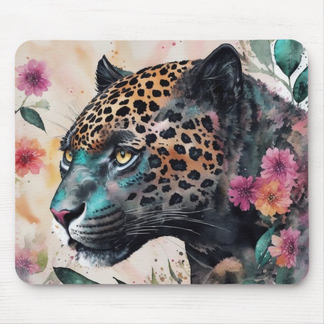 Jaguar Watercolor Blommigt Art Musmatta (Framsidan)