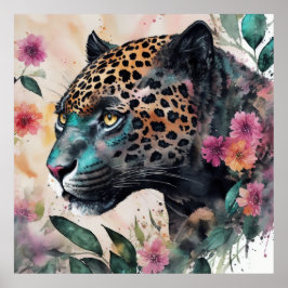 Jaguar Watercolor Blommigt Artwork Poster