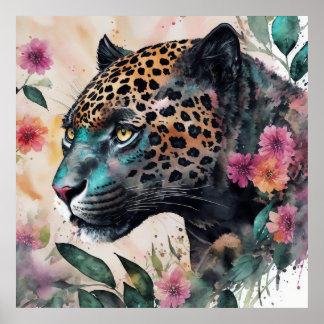 Jaguar Watercolor Blommigt Artwork Poster