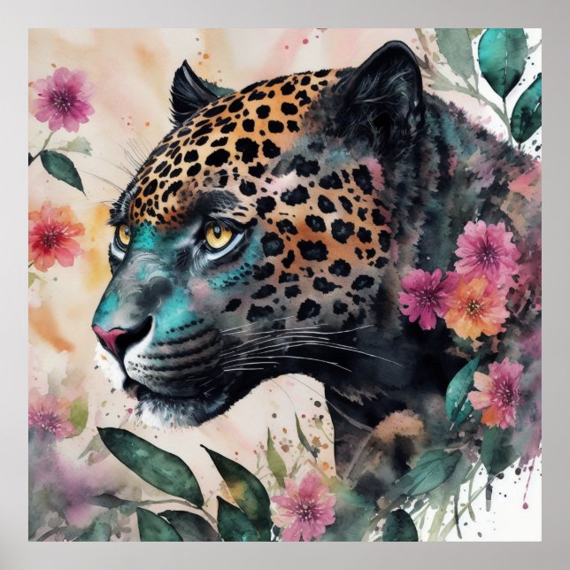 Jaguar Watercolor Blommigt Artwork Poster (Framsidan)