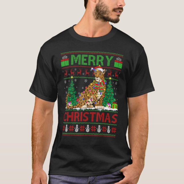 Jaguar   Xmas Tree Lights Ugly Santa Jaguar Christ T Shirt (Framsida)