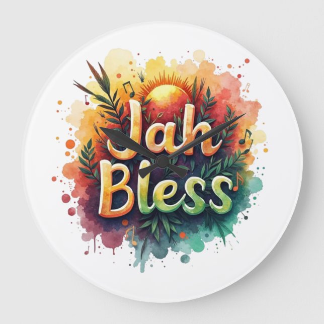 Jah Bless Reggae Watercolor Stor Klocka (Framsida)