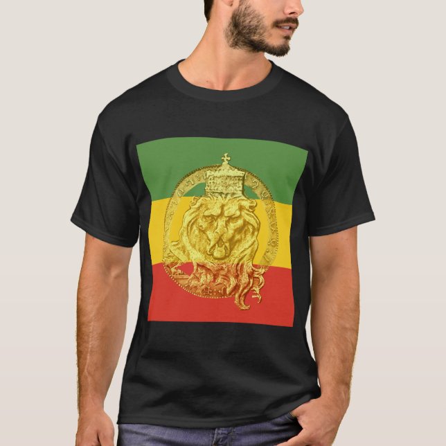 Jah Rastafari Lejonare om Judah Golden Rasta Kung T Shirt (Framsida)