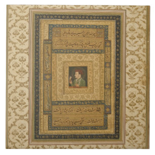 Jahangir innehav en bild av Madonnaen, inscrib Kakelplatta