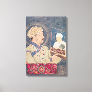 Jahangir innehav ett porträtt av kejsaren Akbar Canvastryck