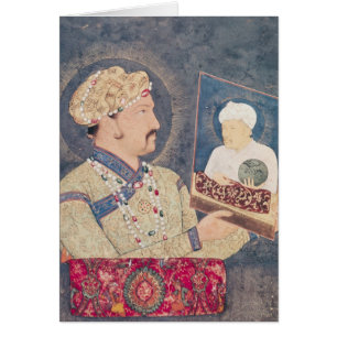 Jahangir innehav ett porträtt av kejsaren Akbar Hälsningskort