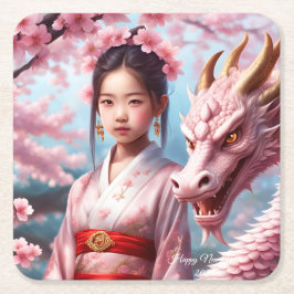 Jahr des Drachen 2024 - Mädchen zwischen Kirschblü Underlägg Papper Kvadrat