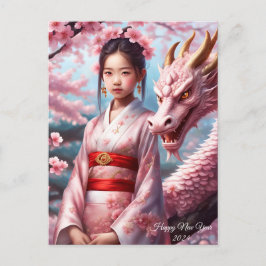 Jahr des Drachen 2024 - Mädchen zwischen Kirschblü Vykort