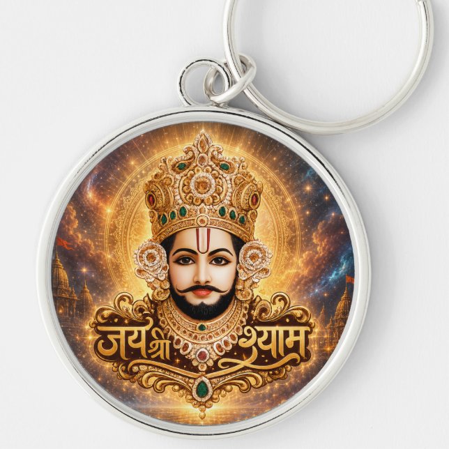 Jai Shri Khatu Shyam Ji Andaktskonst Rund Silverfärgad Nyckelring (Framsidan)