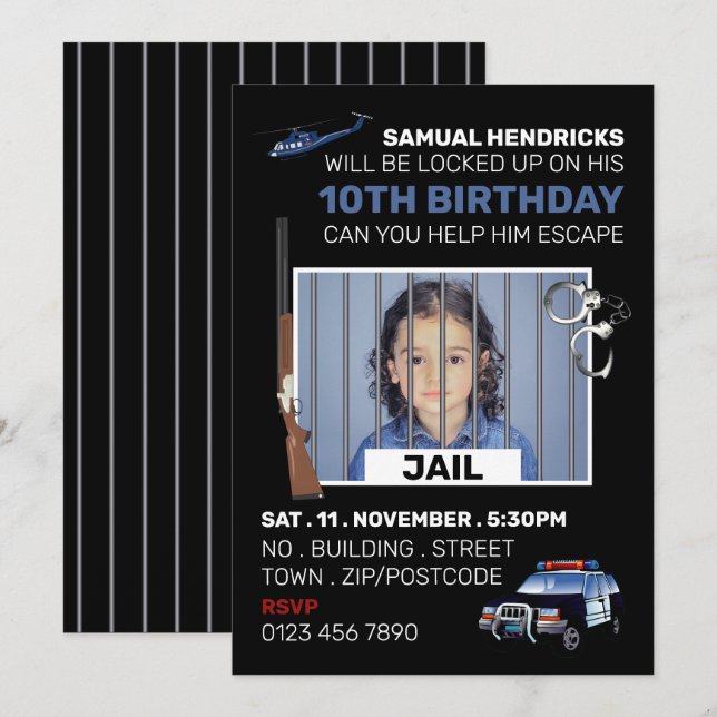 Jail Thned Escape Room, Födelsedagsfest Inbjudningar (Fram/baksida)