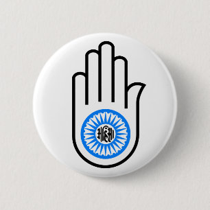 Jainismens symbol hand och hjulläsning Ahimsa Knapp