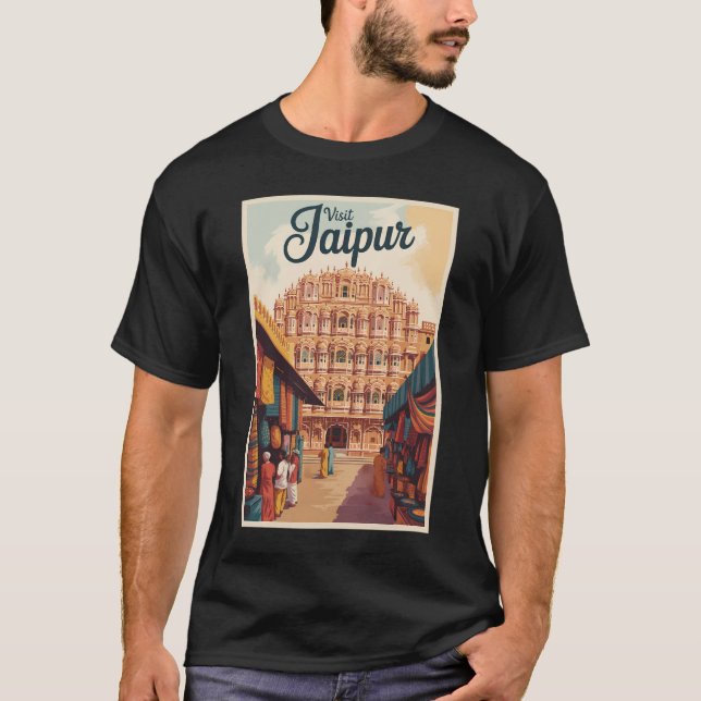 Jaipur India Hawa Mahal Illustration Travel Art T Shirt (Framsida)