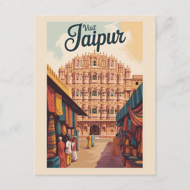 Jaipur India Hawa Mahal Illustration Travel Art Vykort (Framsida)