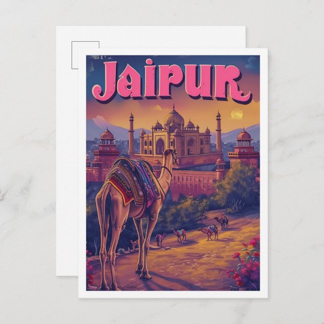 Jaipur India Vintage Art Travel Illustration Vykort (Fram/baksida)