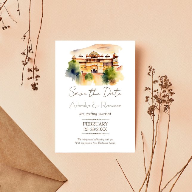 Jaipur palace Indian bröllop spara datum Inbjudningar (Jaipur palace watercolor Indian wedding save the date editable template invitation digital download )