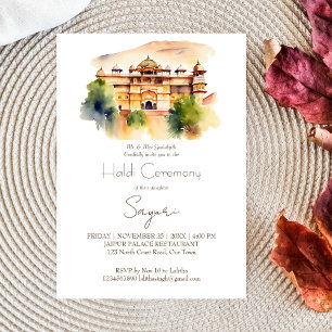 Jaipur palace vattencolor Indian bröllop Haldi Inbjudningar