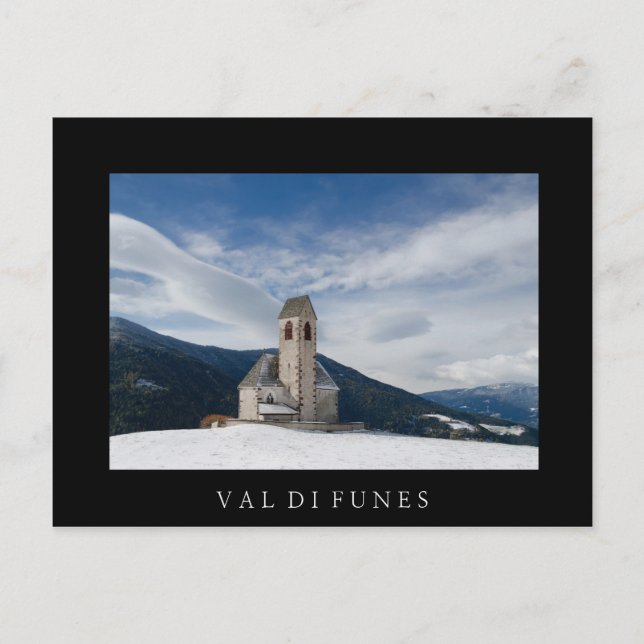 Jakob-kyrkan i Val di Funes svarta vykort (Framsida)