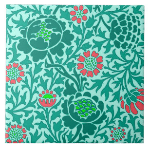 Jakobinsk blomstermönster, turkos, akvamarin & kor kakelplatta